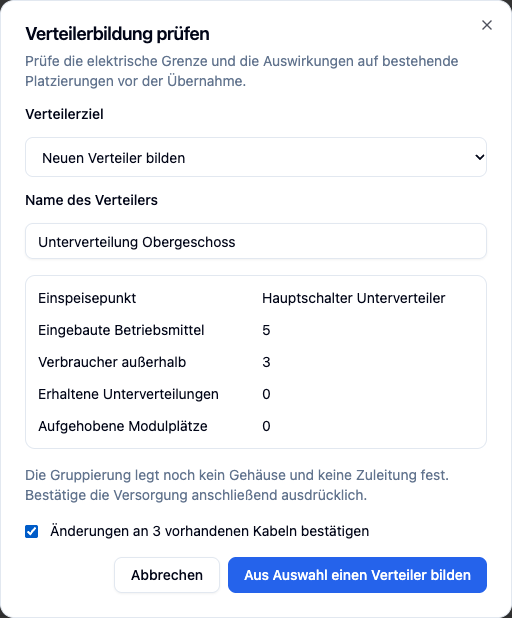 Vorschau der Unterverteilung Obergeschoss mit Einspeisepunkt, Modulen und Auswirkungen.