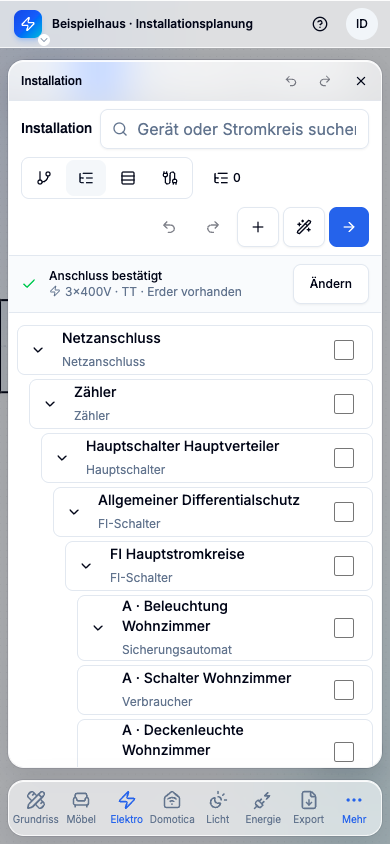 Mobile Baumansicht mit denselben Geräten und erreichbaren Planungsaktionen.