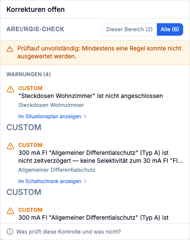 Popover der AREI-Selbstprüfung mit einem unvollständigen Befund und offenen Punkten.