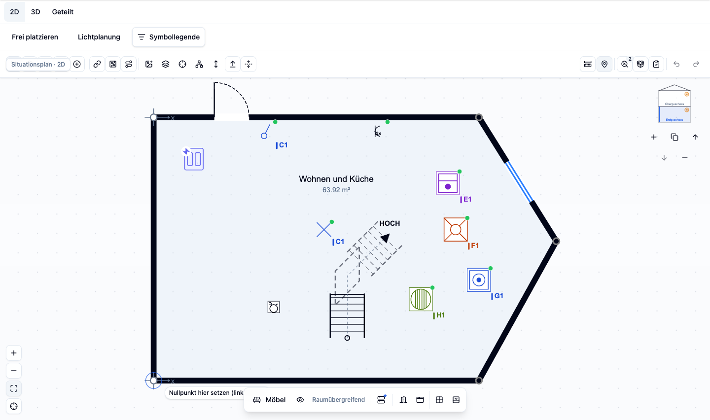 Positionsplan des fiktiven Projekts mit C1, E1, F1 und G1.