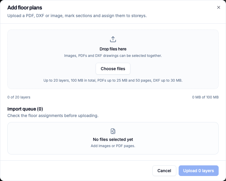 Add-floor-plans dialog with file selection and import queue.