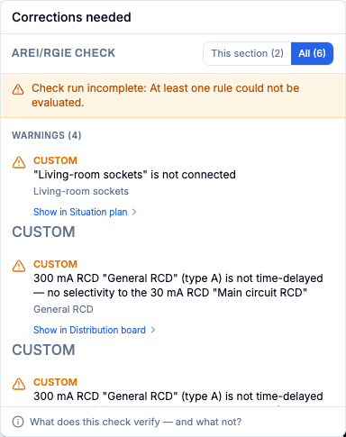 AREI self-check popover with an incomplete finding and open points.