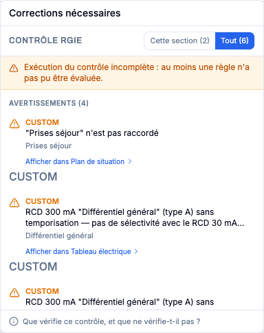 Panneau de l’autocontrôle RGIE avec un constat incomplet et des points ouverts.