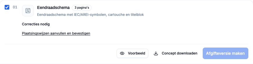 Exportweergave met één documentkaart voor het eendraadschema, voorbeeld, ontwerp en vergrendelde definitieve overdracht.