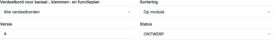 Domotica-exportopties voor verdeelbord, sortering, versie en de status ontwerp of definitief.