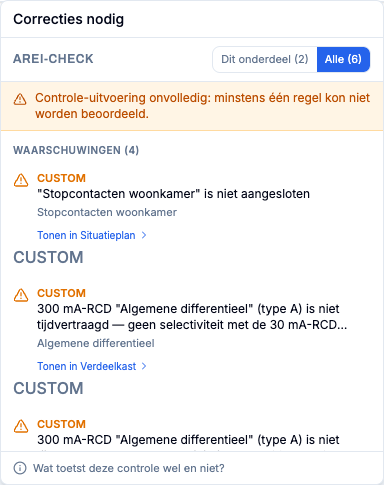 Het AREI-zelfcontrolepaneel met een onvolledige bevinding en open punten.