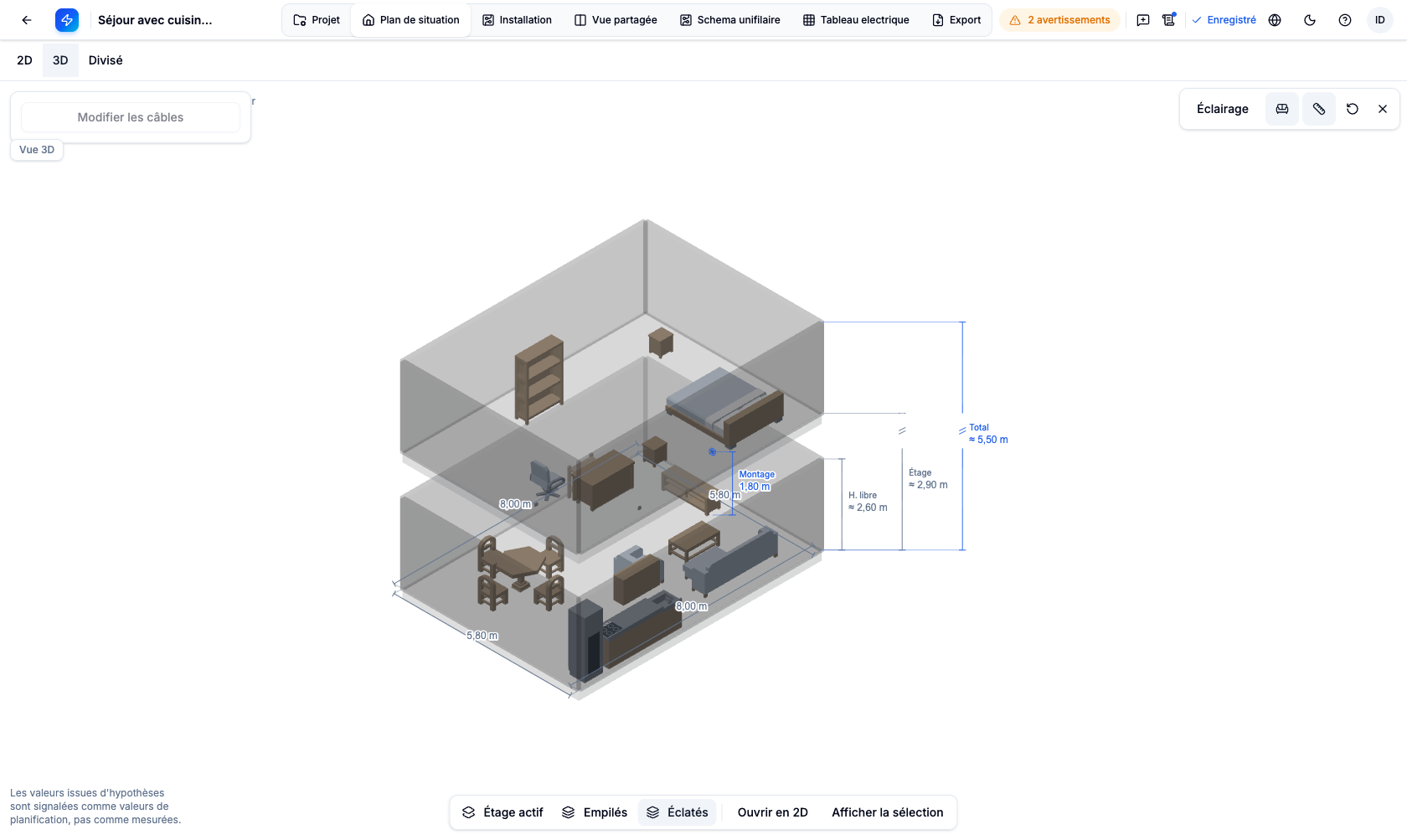 Vue 3D avec dimensions de la pièce et hauteur signalée comme hypothèse