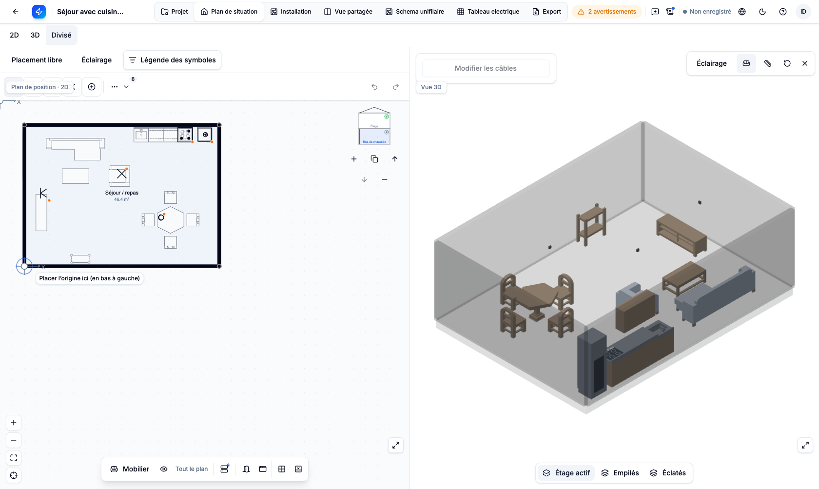 Le même espace meublé présenté côte à côte en plan 2D et en vue 3D