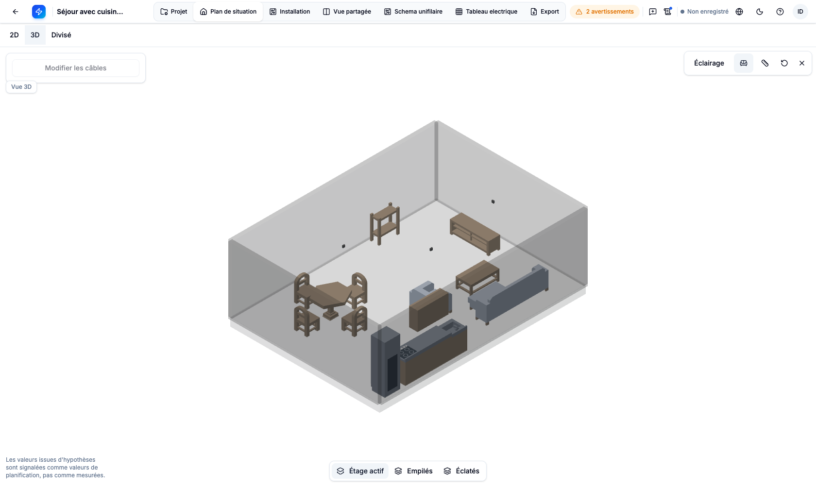 Séjour et salle à manger meublés avec cuisine ouverte dans le visualiseur 3D de PlanElec