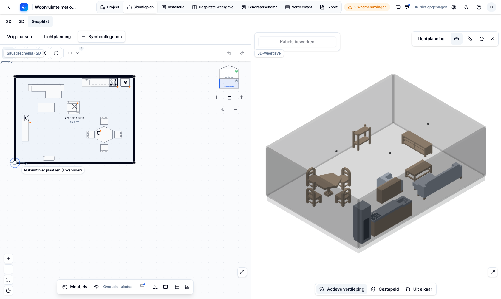 Dezelfde gemeubileerde ruimte naast elkaar als 2D-grondplan en 3D-weergave