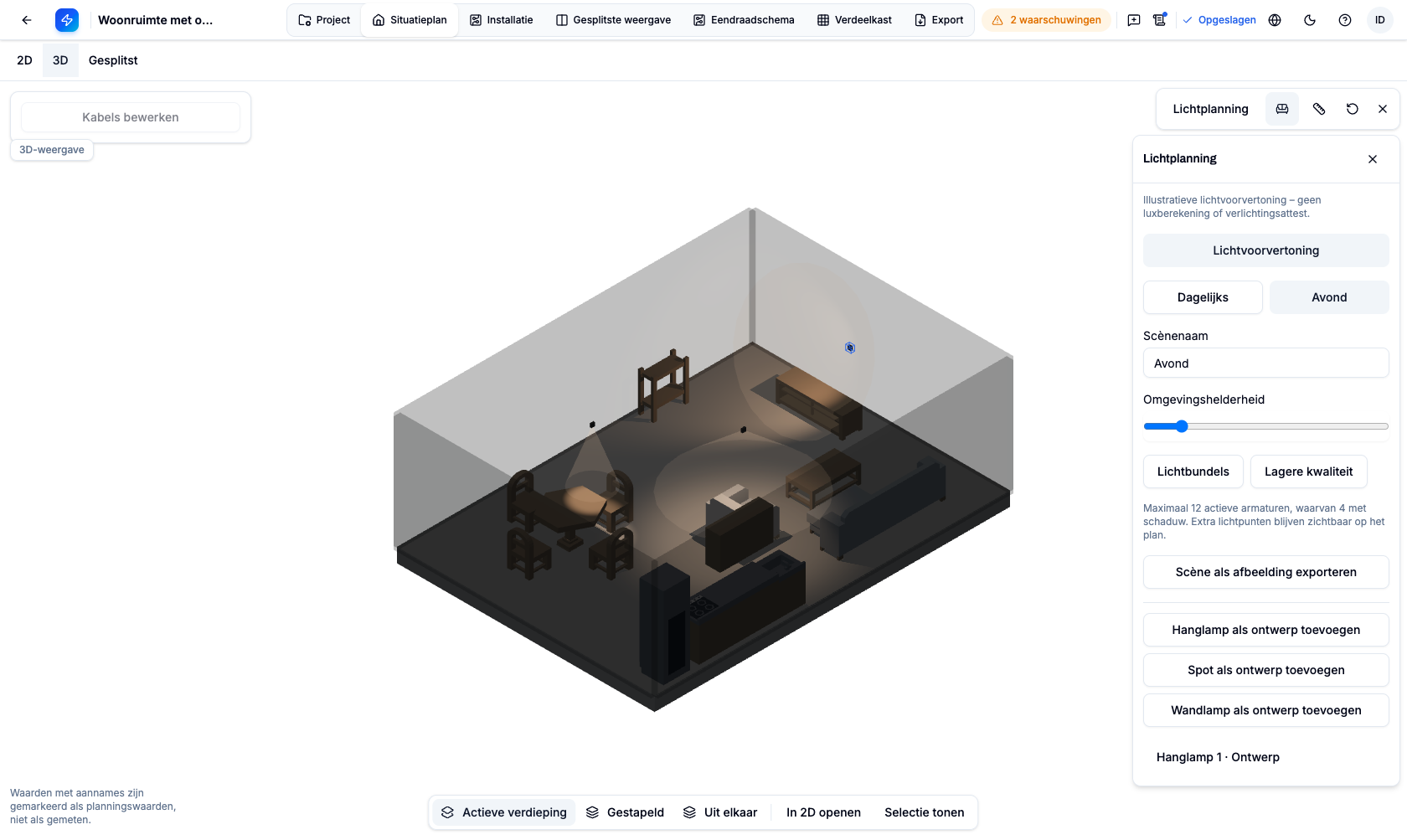 Geëxporteerde avondscène met warm licht, schaduwen en zichtbare lichtkegels