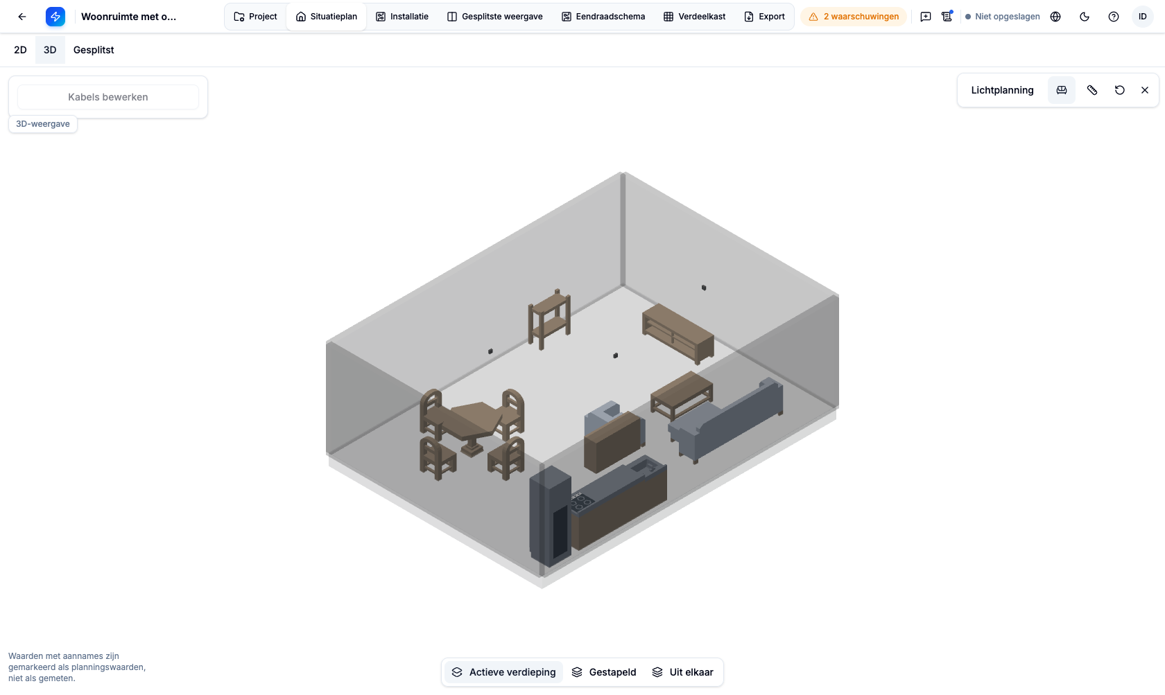 Gemeubileerde woon- en eetruimte met open keuken in de 3D-viewer van PlanElec