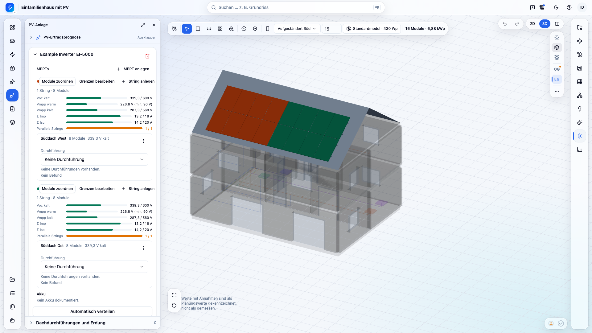 3D-Ansicht in PlanElec: zweigeschossiges Haus mit Satteldach und 16 PV-Modulen in zwei Farben für MPPT A und B, links das Panel PV-Anlage mit Spannungs- und Stromprüfung je String