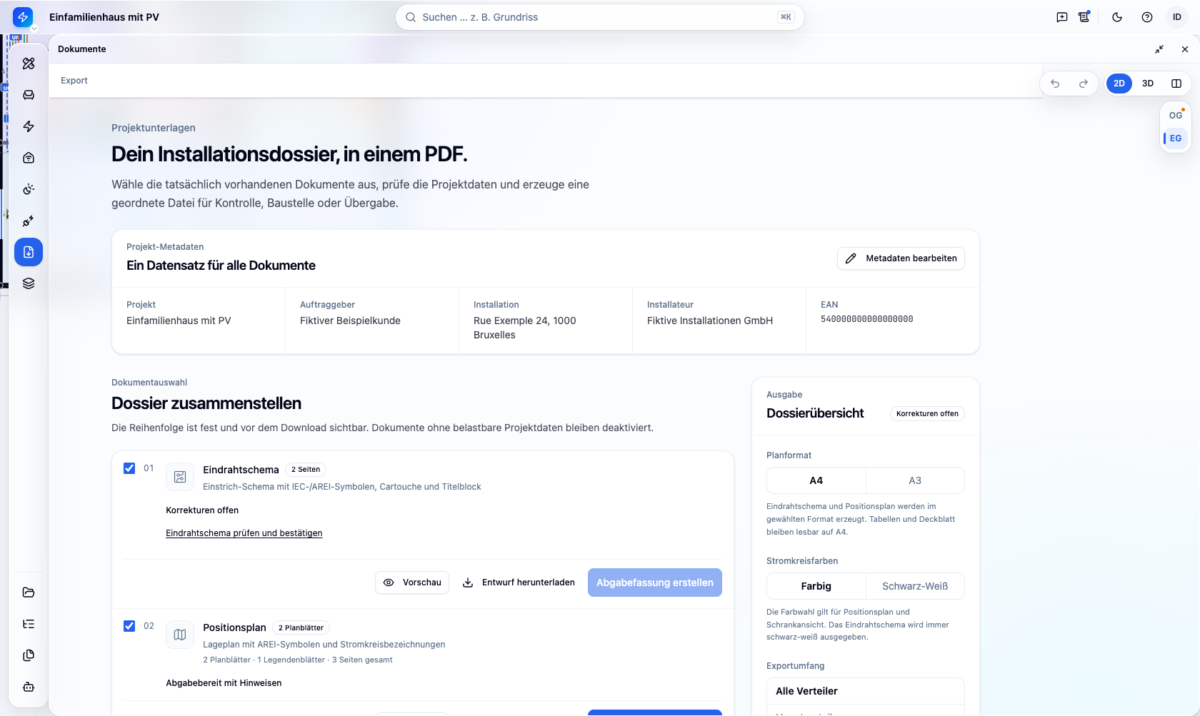Exportansicht in PlanElec mit Projektdaten, Dokumentauswahl für das Dossier und Dossierübersicht mit Planformat und Farbmodus