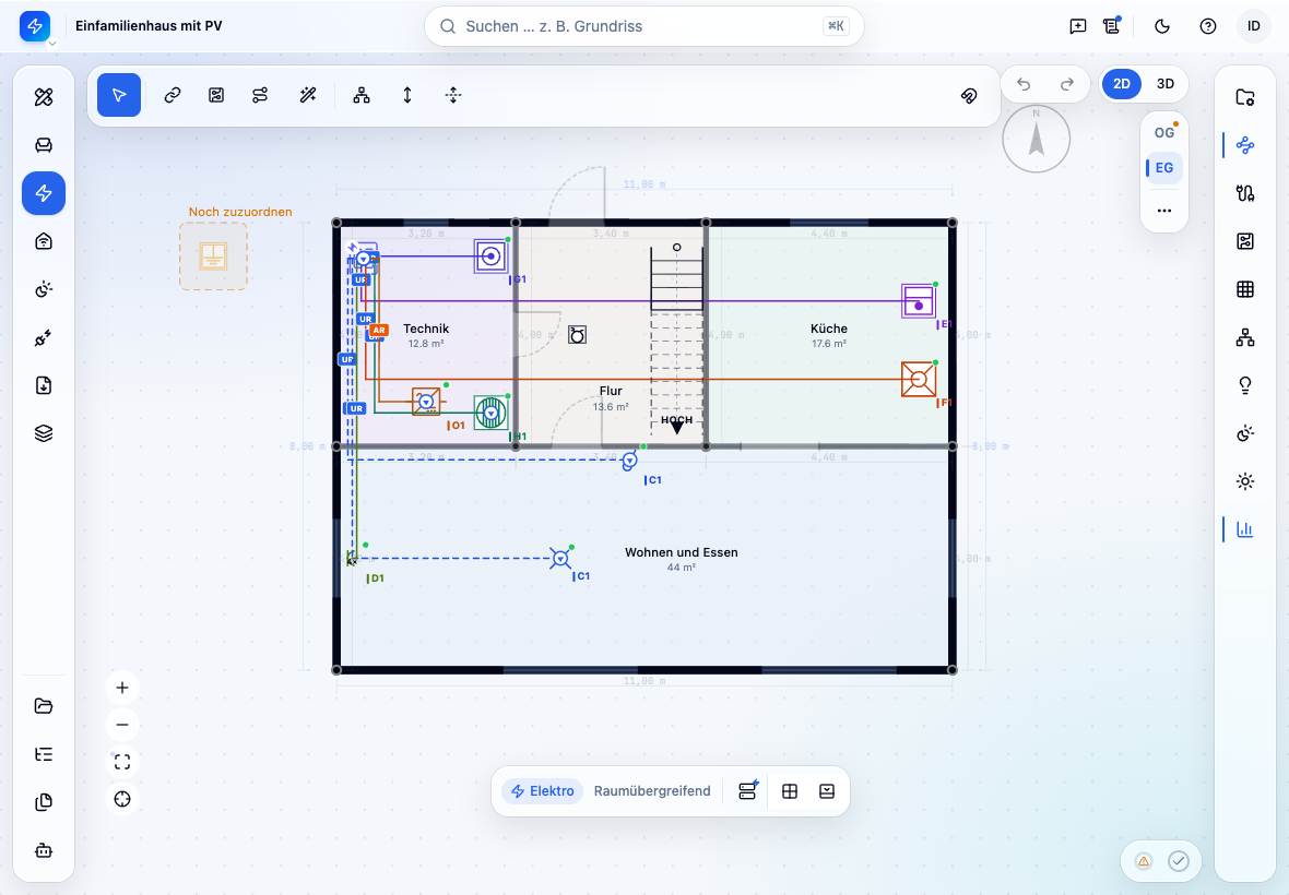 Positionsplan des Erdgeschosses eines Einfamilienhauses in PlanElec mit Technikraum, Flur mit Treppe, Küche und Wohnbereich, geöffnet im Browser in Tablet-Größe