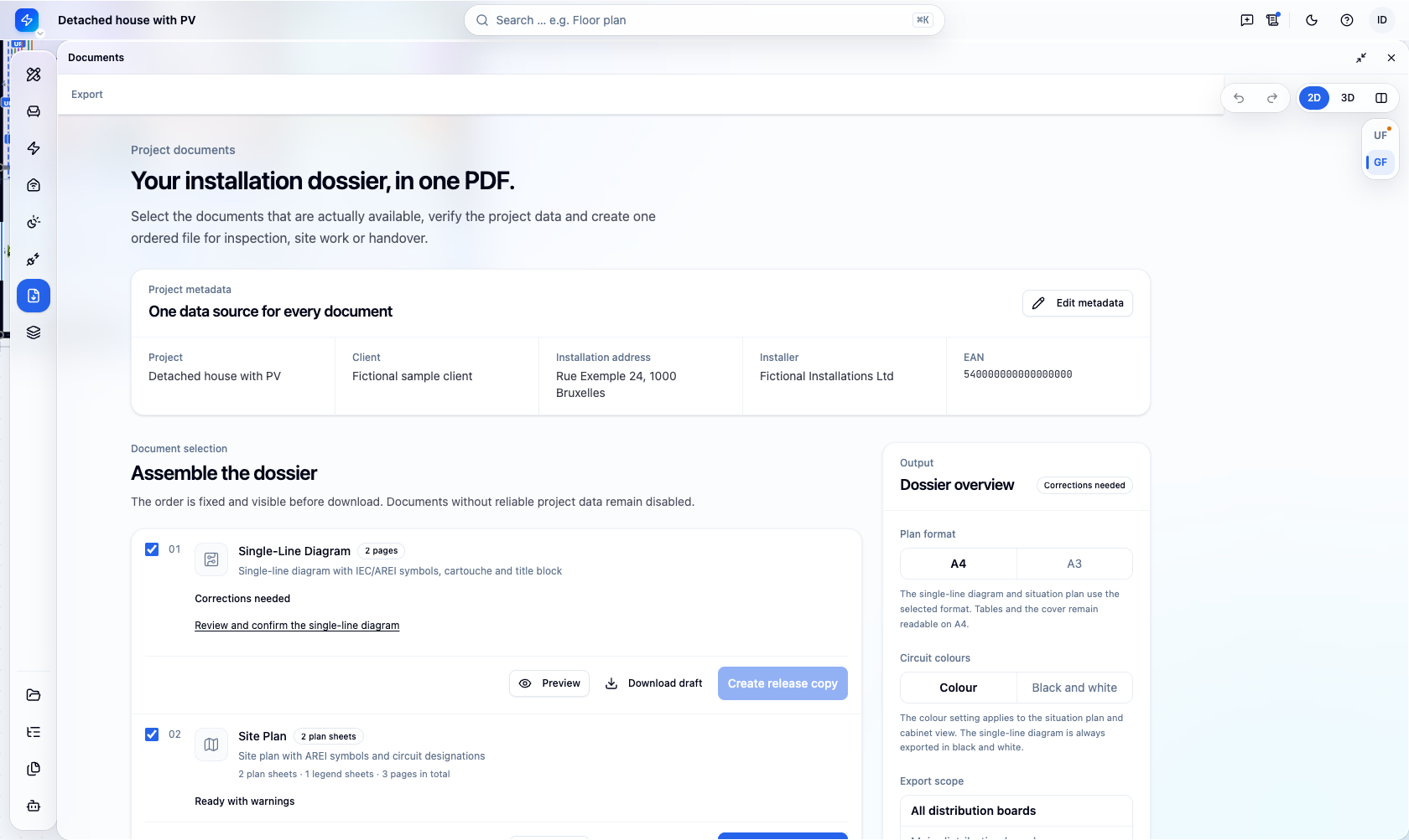 Export view in PlanElec with project data, document selection for the dossier and dossier overview with plan format and colour mode