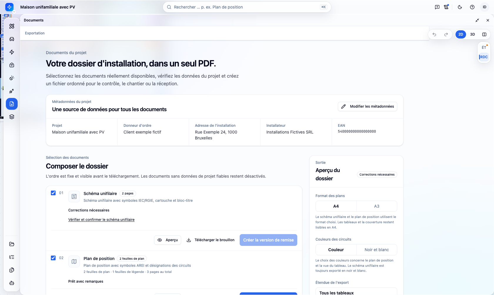 Écran d’export de PlanElec avec données du projet, sélection des documents du dossier et aperçu du dossier avec format de plan et mode couleur