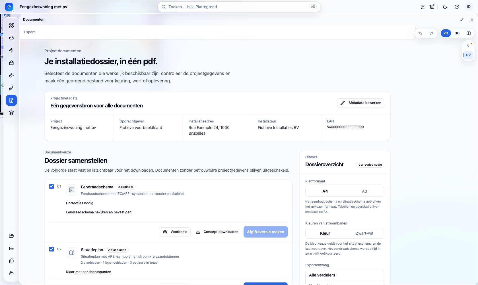 Exportscherm in PlanElec met projectgegevens, documentkeuze voor het dossier en dossieroverzicht met planformaat en kleurmodus